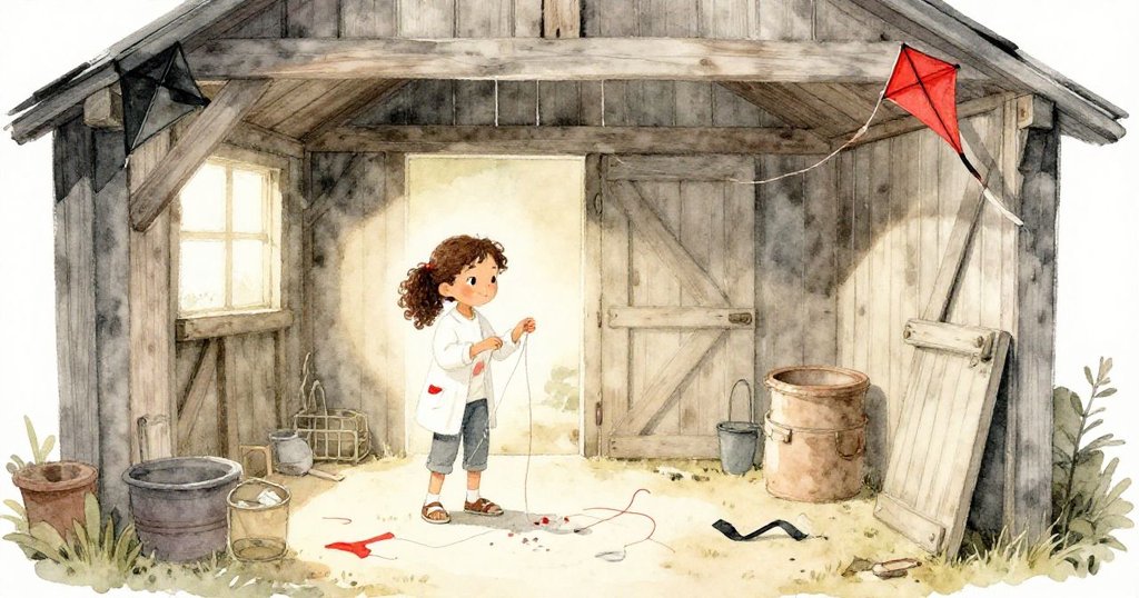 溫娜在溫暖木棚內仔細撿拾斷裂風箏線，光線透過窗戶灑入，環境樸實，神情中帶著失落與堅定。