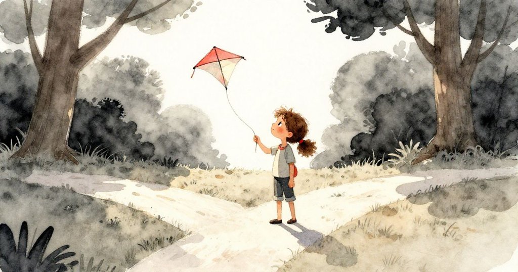 黃昏時分溫娜站在草地十字路口，手持風箏殘線，神情沉思，夕陽柔光映出柔和剪影，充滿希望與迷茫。