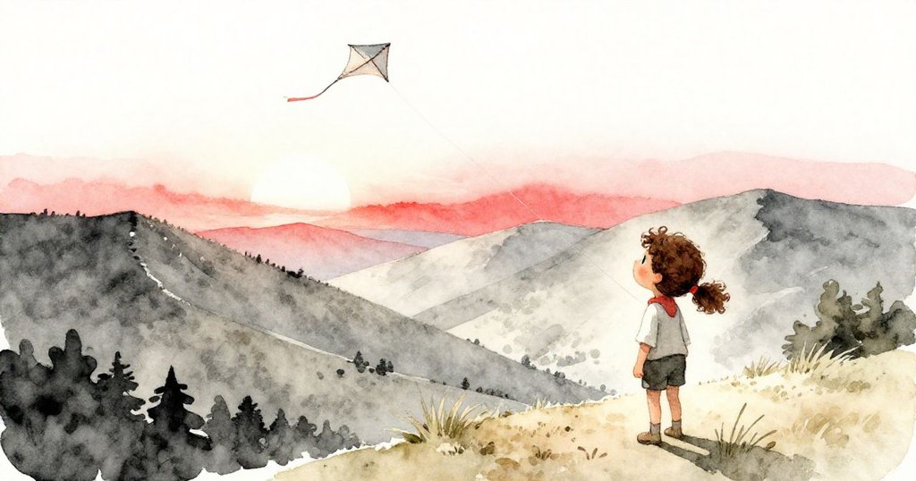 夕陽下廣闊山谷中，溫娜如小身影遙望遠方飄向山嶺的風箏，景色壯闊靜謐，充滿驚奇與接受。