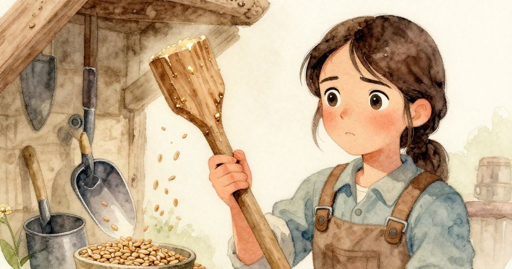 Gwen 專注地握住一塊橡木楔子，細緻呈現工具紋理與落穀，表情堅定，背景散發著古老磨坊溫暖氣息。