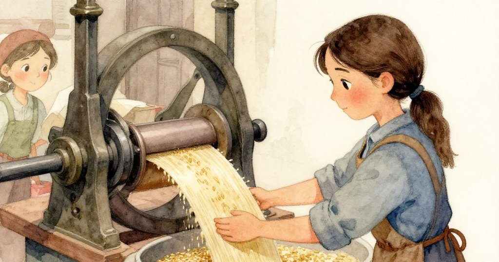 從背後看，Gwen 正忙著用手鏟米，觀察運轉的輸送帶，細緻呈現穀物流動與機械律動的情景。