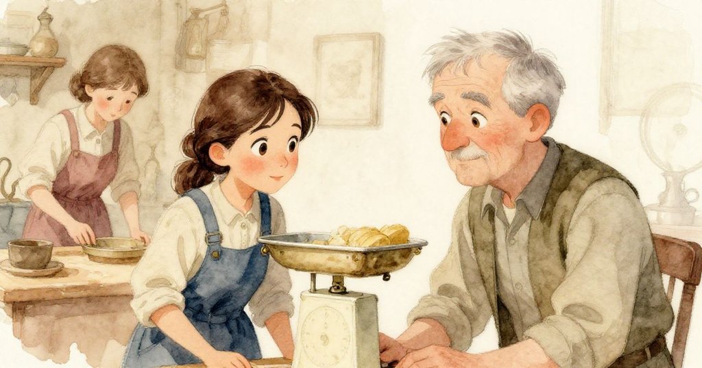 在懷舊色調中，Ulric 望著老式秤錶微笑回憶童年，同時Gwen專注工作，溫馨氛圍令人動容。