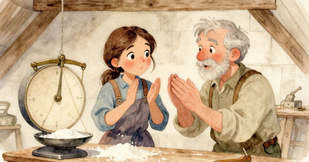 Gwen 與 Ulric 彼此點頭慶祝穀物達標，兩人含笑互動，秤錶靜靜見證成功，溫暖光影映襯磨坊畫面。