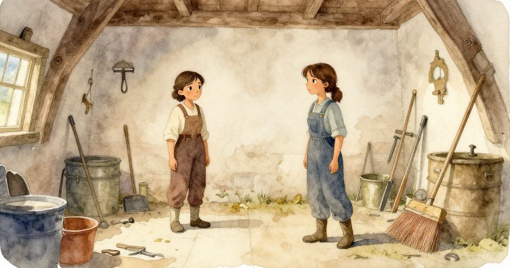 在柔和光線下，磨坊呈現寧靜景象，Gwen 靜立於散落工具與塵穀間，傳達一天辛勤勞作後的安然與平靜。