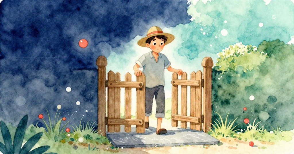 Kent 穿著太陽帽從木製門框中走出,背景有石板平台與倉庫輪廓,表情充滿期待與好奇,開始新一天冒險。