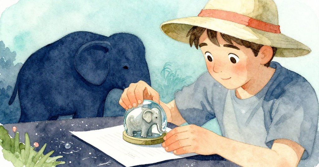 Kent 正專注地從工具籃中取出雕刻小象紙鎮,用於固定飛舞的筆記頁,紙鎮光滑,周遭散落粉筆灰,細節豐富。