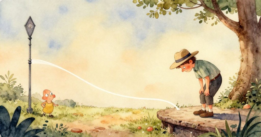 小麻雀停在雨水桶邊,輕啄露珠,遠處可見正在工作的 Kent,背景綠意盎然,充滿自然和細膩的光影變化。