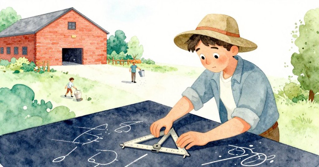 從高處俯視的場景中,Kent 正聚精會神調整粉筆角度,背景中有磚造倉庫與忙碌花園,氛圍平和細膩。