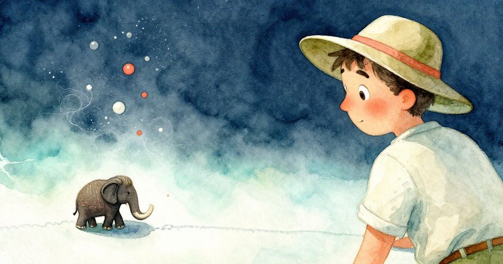 Kent 退後觀察新粉筆線與小象紙鎮,灰塵在空中飛揚,他神情專注,捕捉到了瞬間定格的美麗與微妙變化。