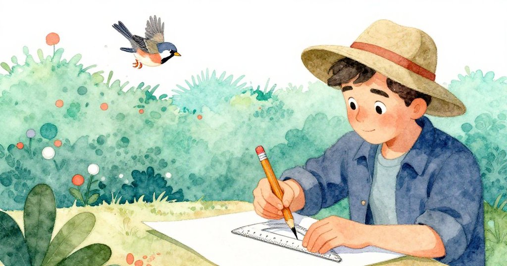 Kent 用鉛筆認真記錄數字後收好量角器,一隻麻雀振翅飛向樹籬,畫面溫馨且充滿未完待續的冒險氣息。