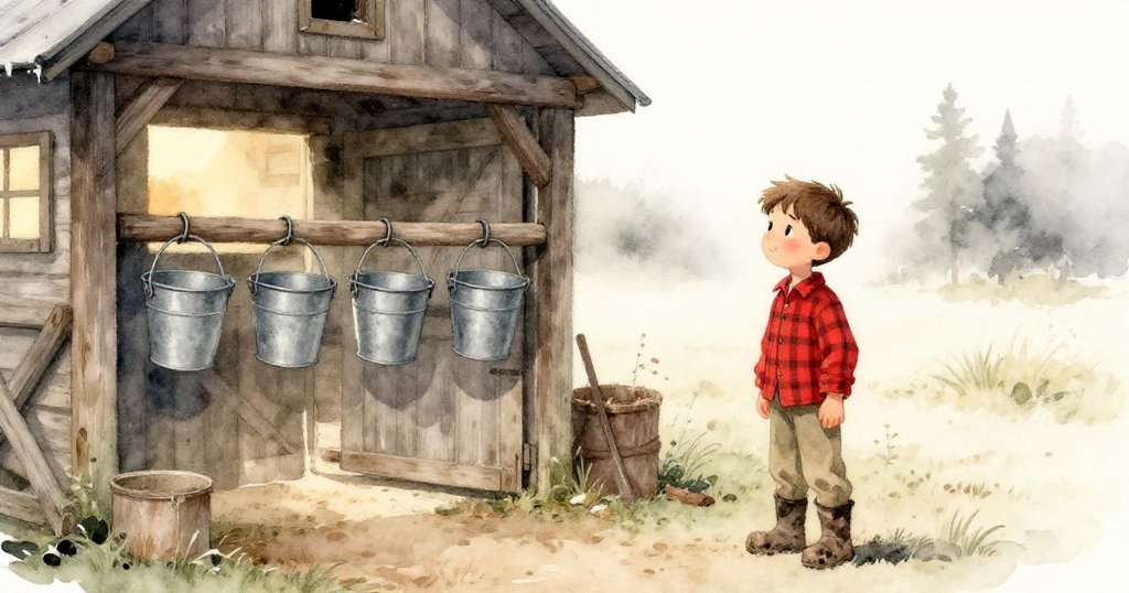 福雷斯特站在老谷倉前，清晨薄霧中觀察掛著金屬水桶，眼神充滿好奇，場景呈現農場的溫暖氣息