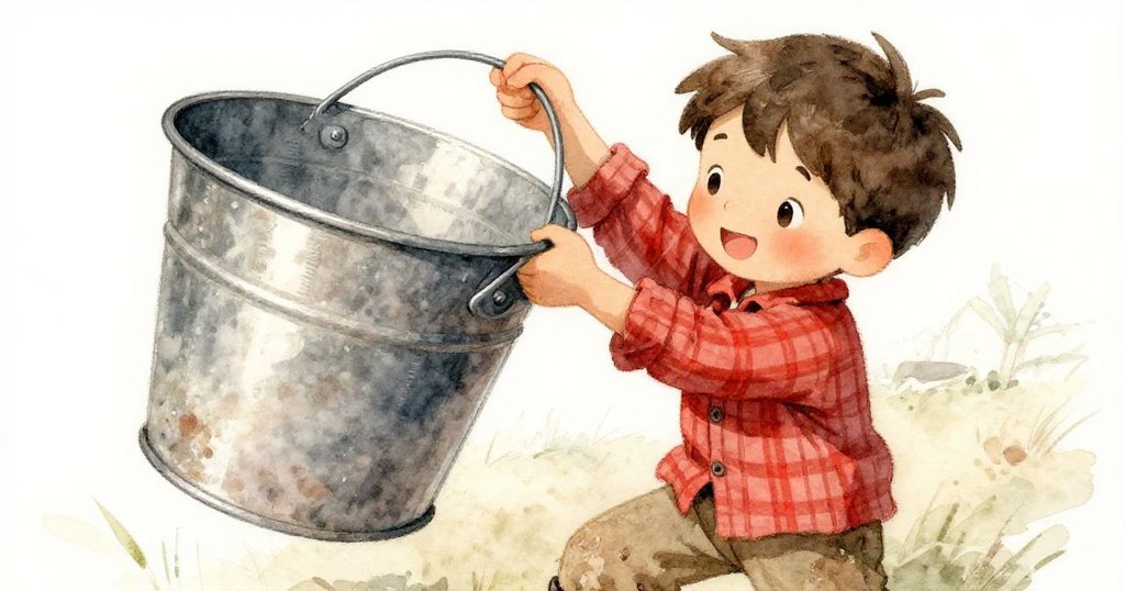 福雷斯特仔細提起頂上的桶，注視著桶身上精確凹痕，手觸金屬表面，背景隱約呈現農場氣息