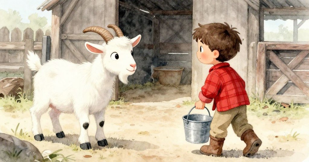 一隻山羊從低處視角注視福雷斯特走向飼槽，眼神充滿好奇，環境為農場庭院，晨光柔和