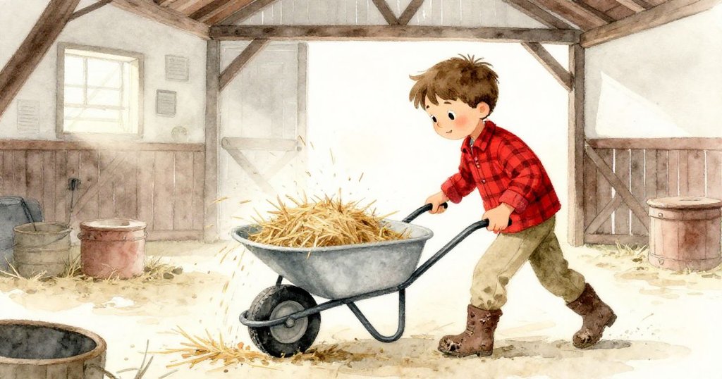 福雷斯特在谷倉內移開低矮手推車，散落的濕草散發穀物香氣，室內溫暖光線映襯動作決心