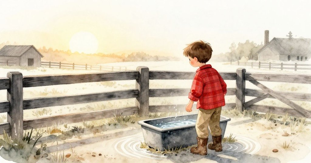 黃昏時分，福雷斯特站在圍欄外，靜觀水環慢漣，金色夕陽灑落農場，臉上浮現平靜滿足之情