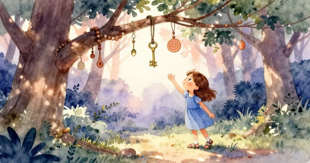 瑪戈托走進森林空地,觸摸附有黃銅鑰匙等神秘物品的樹枝,斑駁陽光映照,神情充滿好奇與決心