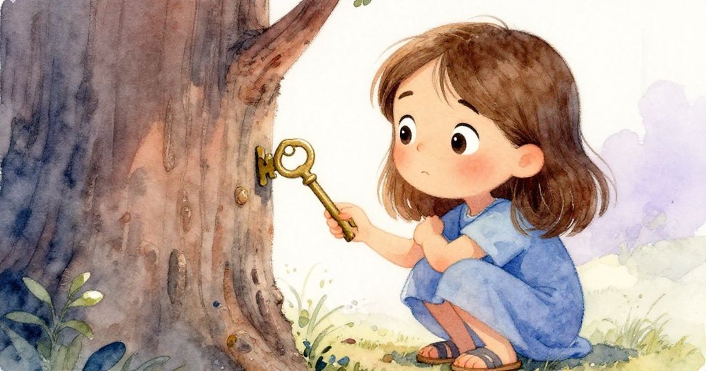 瑪戈托特寫中輕觸冰涼黃銅鑰匙與樹皮紋理,雙眸流露出驚奇與深思