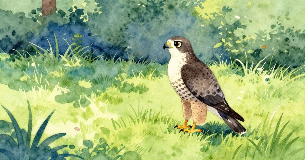 小鷹在陽光草地上停留,從低角度眺望森林及劇動樹枝,展現自然警覺與靜謐