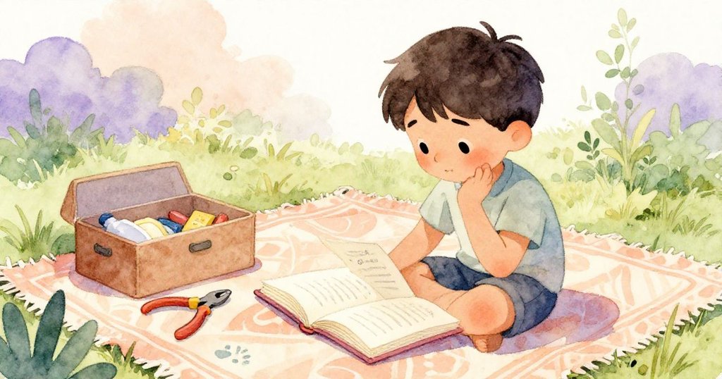 本坐於戶外彩布毯上閱讀,旁邊放著小鉗子,神情專注,遠處傳來低音管樂的悠揚