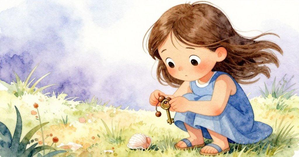 瑪戈托專注地以木珠分隔黃銅鑰匙與貝殼,臉上流露堅決與細膩努力,背景微風吹拂樹葉