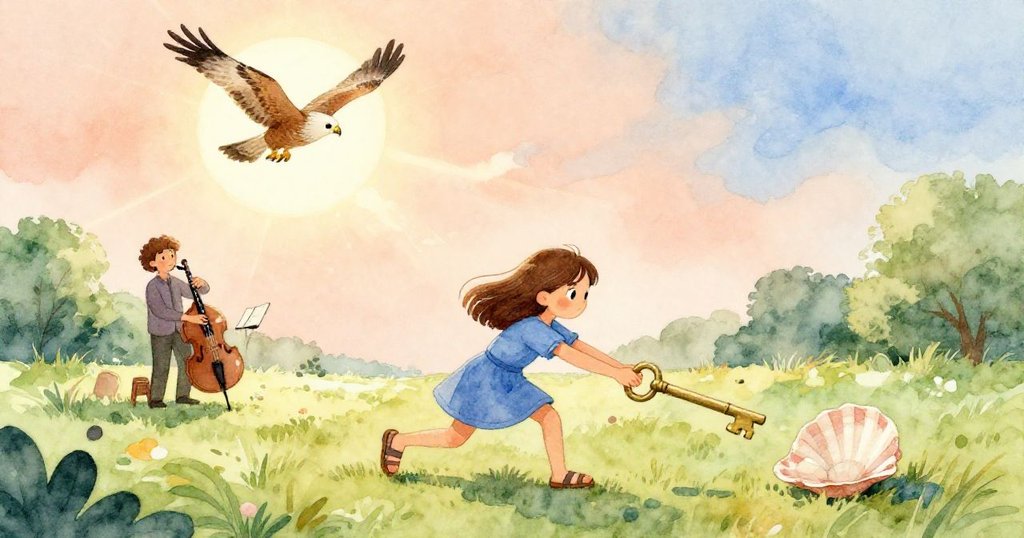 瑪戈托在清風中輕推鑰匙遠離貝殼,背景低音管與悅目小鷹展翅而飛,呈現和諧解決之意