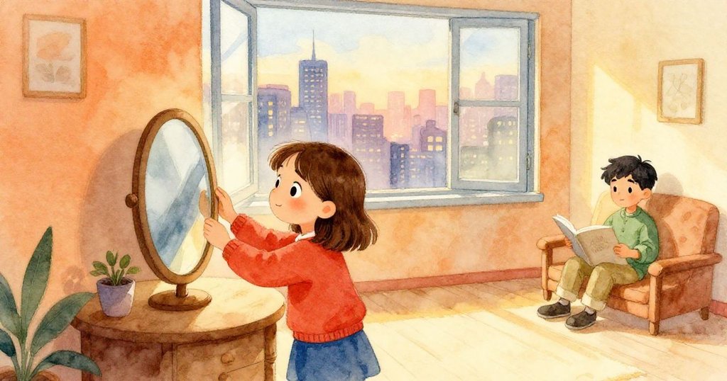 Tess在房間中調整小鏡子，Grant安靜閱讀，窗外城市燈光柔和流轉，整體氣氛溫馨寧靜