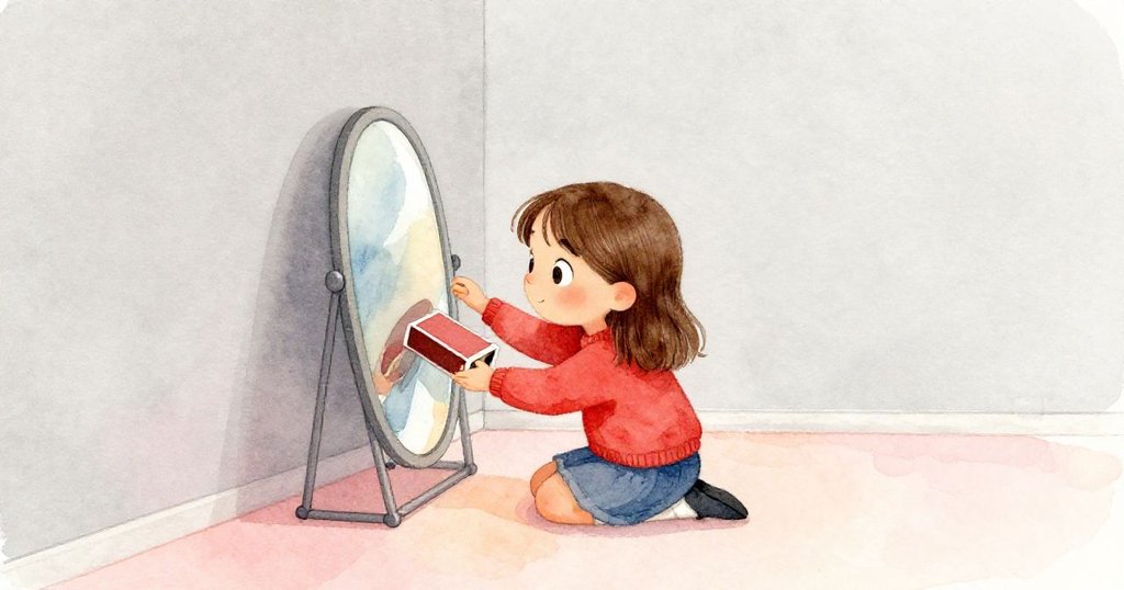 Tess專注地用火柴盒楔子調整鏡子，背景留有大片空白，呈現室內寧靜與期待的氛圍