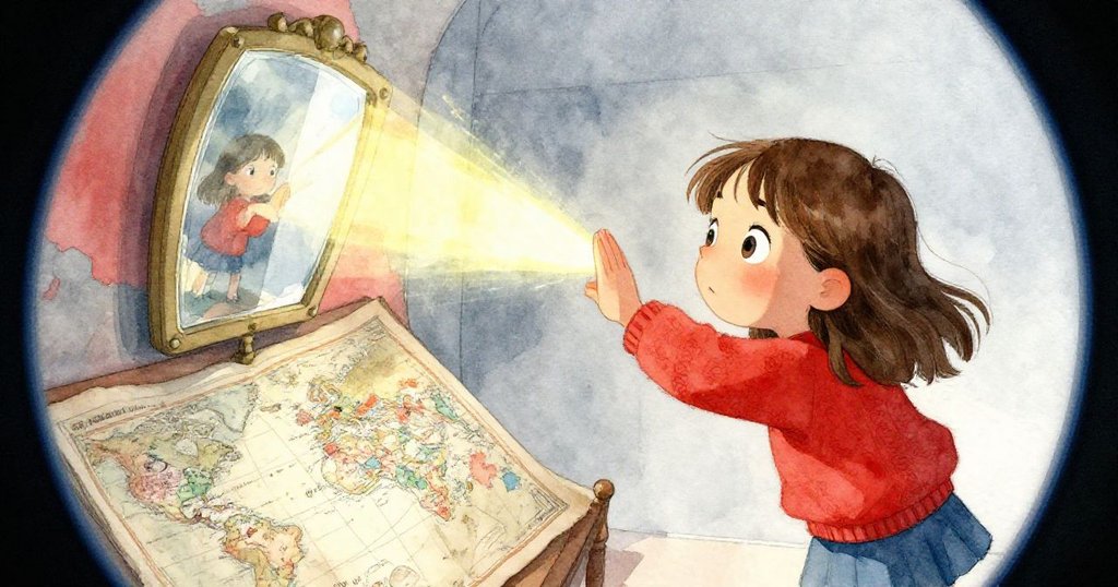 Tess旁邊鏡子反射出扭曲光斑，照亮塵封地圖，表情驚訝又堅定，細節充滿動感與期待