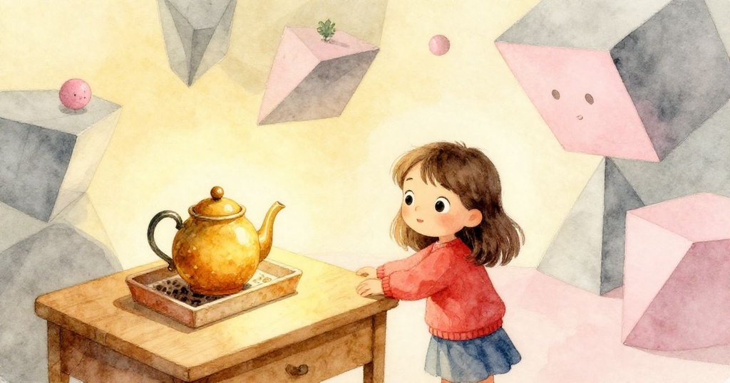 Tess緩步走向充滿奇幻幾何感的桌邊，細看溫暖茶壺與種子盤，現實中透出夢境般的奇妙感受