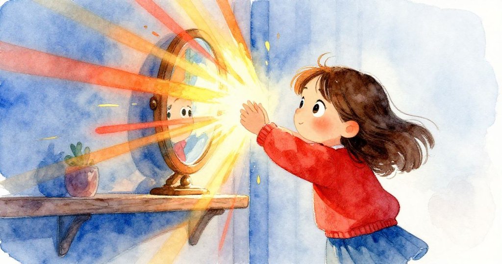 Tess調整鏡子時，陽光在桌面與牆上留下動態光跡，光線穿過窗簾帶來希望與活力