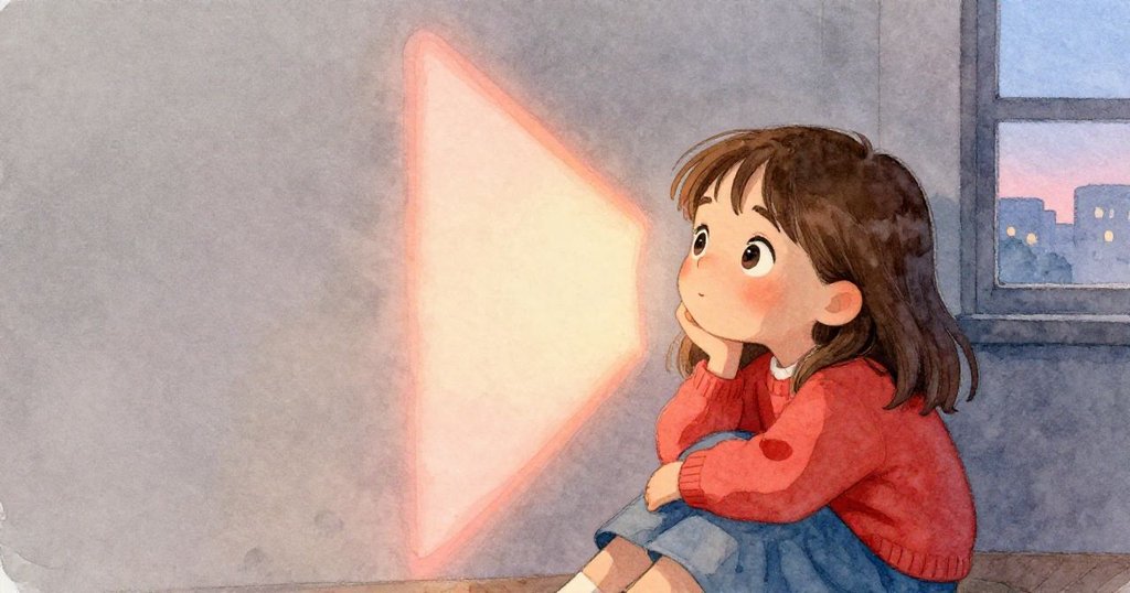 Tess靜坐凝望牆上柔和光斑，臉上流露平靜與滿足，室內氛圍溫馨且安詳，遠處喧囂輕聲隱約