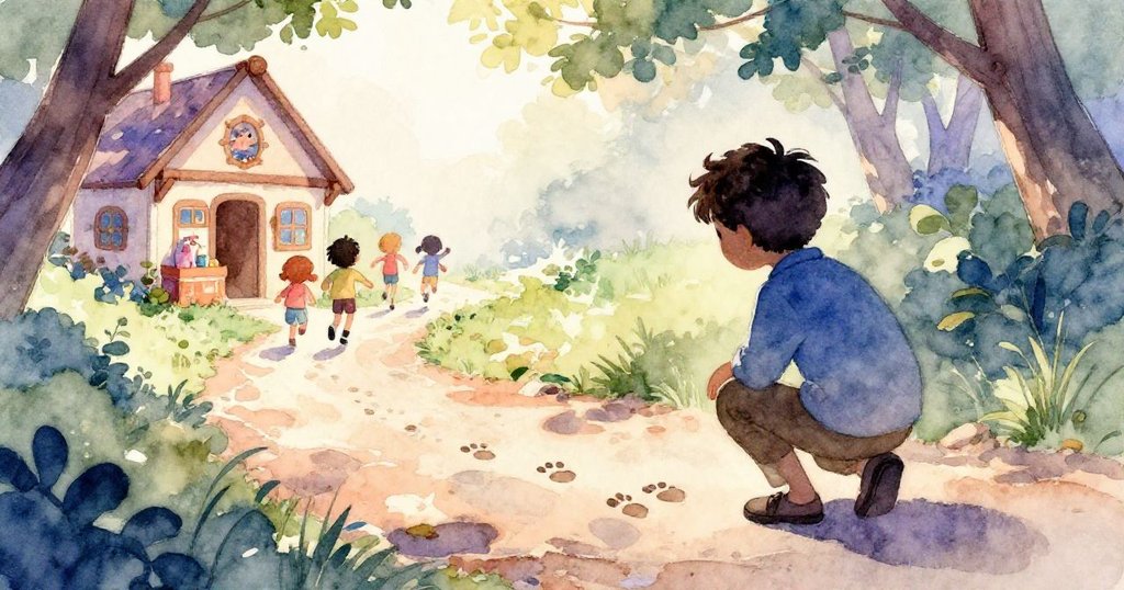 Yves蹲在石板路上,身影在陽光下顯得清晰,背景孩子奔向樹邊禮物小屋,氣氛溫暖充滿期待