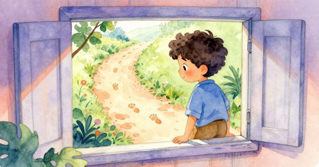 Yves透過小屋窗戶凝望外面足跡與自然風光,窗內溫馨光影映出專注神情,場景充滿靜謐期待