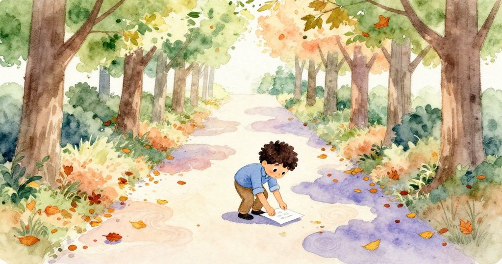 秋日林蔭路上,Yves輕調整紙張,落葉隨風飄舞,背景樹木與暖光營造出季節豐盈的氛圍