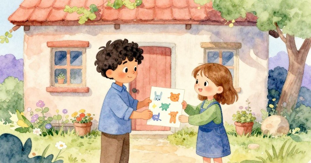 Yves在小屋門前將完成作品交給Mila,兩人滿面笑容互遞心意,場景溫暖傳達創作成功的喜悅