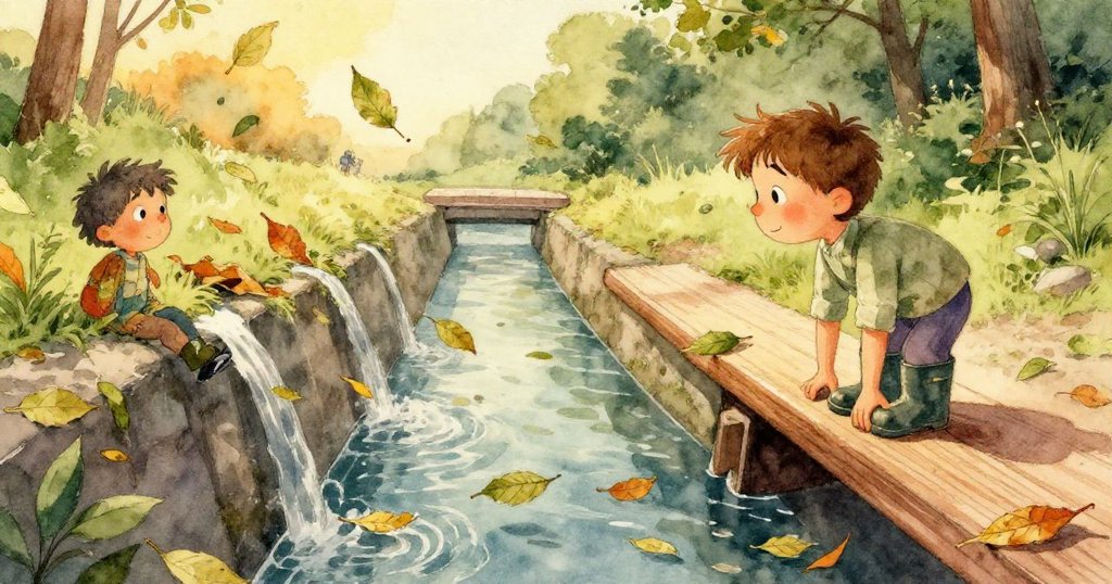 清澈水面上排列整齊的葉子如串珠流動，展現自然規律，洋溢著寧靜與驚奇的情感。