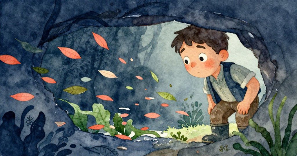 透過窄縫觀察，奧斯卡目光專注注視著迅速盤旋的葉子，畫面透露出神秘與驚訝的情感。