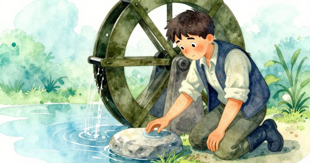 奧斯卡跪在水輪旁，輕撫冰冷光滑石面，眼神流露內心掙扎與決心，水波低語著秘密。