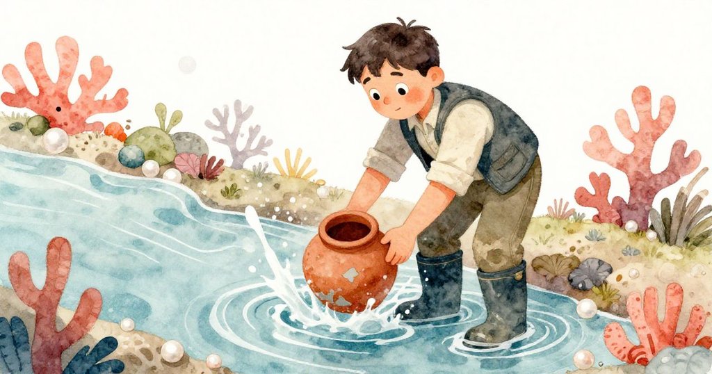 奧斯卡舉起破損花盆置於流水中，水道因此改變，動作堅定中透著柔和解脫與重生希望。