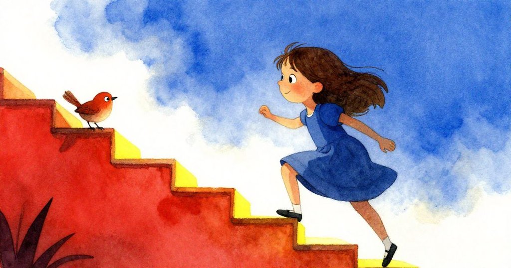 Ada 與栗色林鶯在觀察塔入口外的木欄杆上互動，明亮的輪廓展現登場動作，充滿好奇與活力