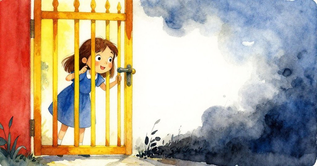 Ada 俯身透過蜂蜜色窗格凝望塔內，空白背景營造神秘感，臉上寫滿期待與疑惑