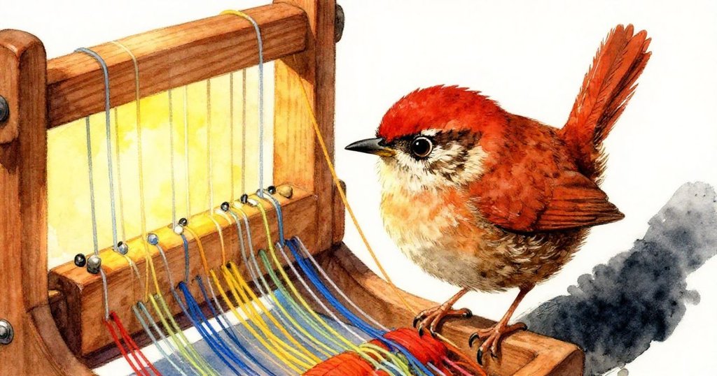 林鶯在溫暖燈光下的工藝角上輕盈降臨，逗弄金黃色線條，近距離展現生動細節