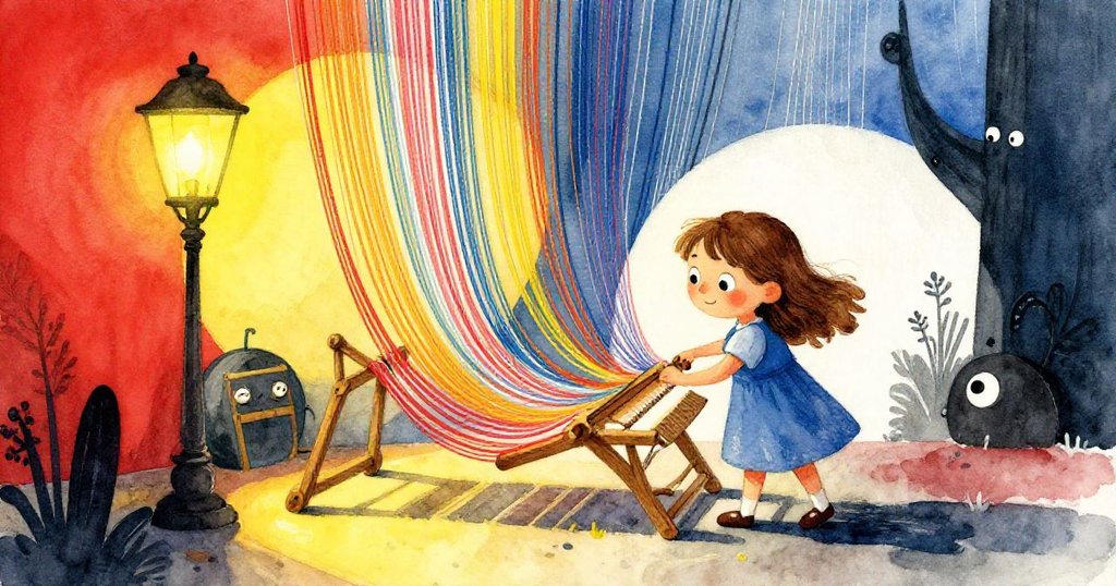 Ada 在充滿夢幻幾何線條的工藝角中推動織機，線條交織出奇妙圖案，動感與創造力盡顯