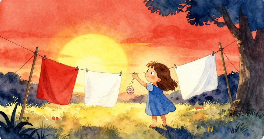 Ada 在夕陽金光中微笑將線團掛於晾架上，室內外光影交融，呈現溫暖安寧的結局