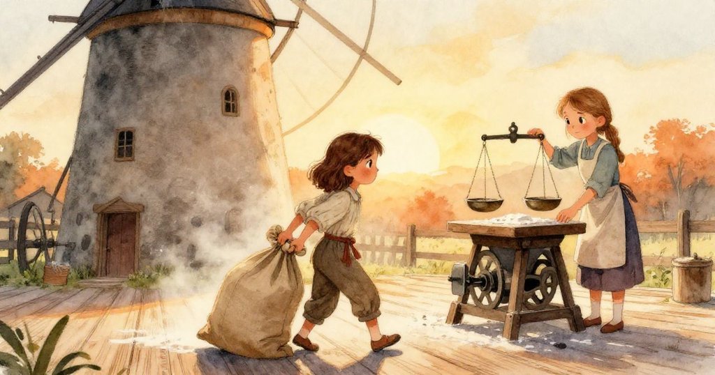 露娜推動布袋，克萊穩住秤子，在晨光中的古老麵粉廠內忙碌，背景有溫暖木板與飄散麵粉，展現活力與決心。