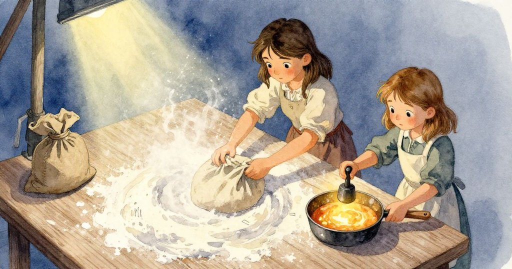 高角度畫面描繪麵粉桌上動作，露娜調整布袋，克萊放置鐵錘，浮動麵粉與機械運動細節豐富，充滿動感。