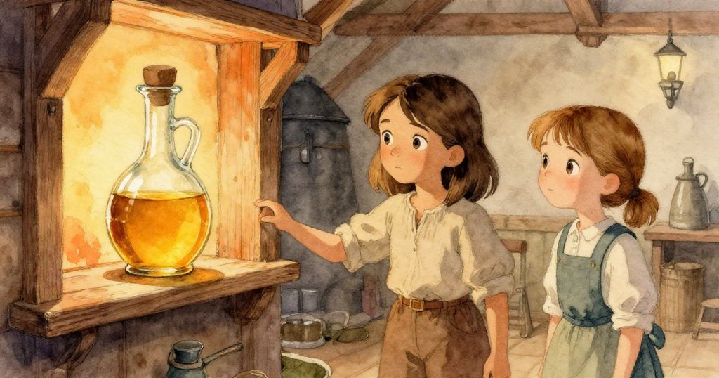 室內時光流逝，木板散發溫暖光澤，油瓶在架上搖晃，露娜與克萊警覺注視，情境融入懸念與即將發生的變化。