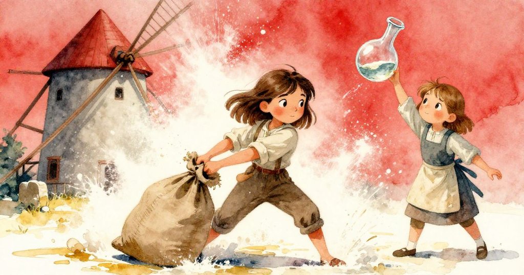 劇烈風吹導致麵粉激增，露娜迅速抓住布袋，克萊急忙接住酒瓶，動作充滿緊急與活力，場面生動。