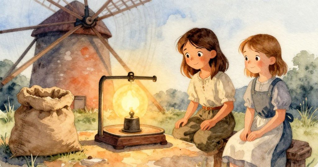 最終畫面展現寧靜麵粉廠全景，露娜與克萊面帶寬慰笑容，布袋飽滿麵粉，秤盤上環繞著淡粉麵粉，整體氛圍平和溫暖。