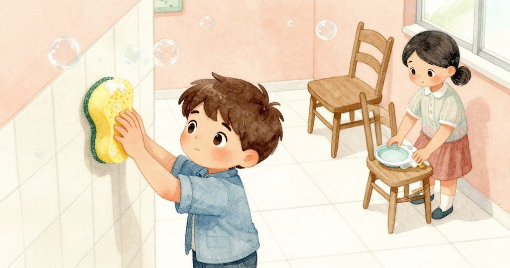 多利安用黃色海綿擦洗牆面，肥皂泡在瓷磚上飛舞，露娜在背景拋光椅腿，工作區明亮有序。